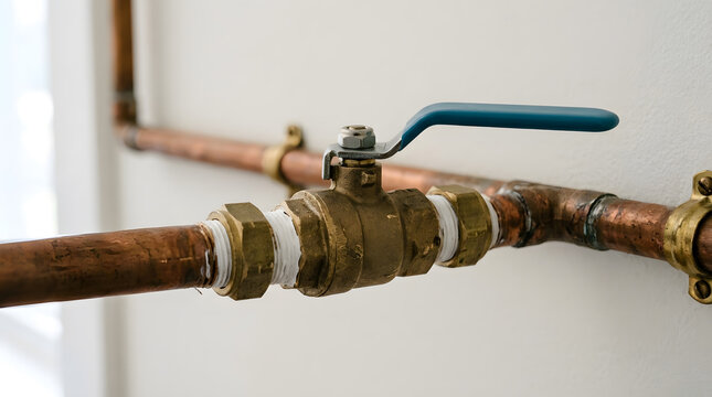 Brass Ball Valve Shut Off Installed on Copper Water Pipe | Close Up of Brass Water Valve with Blue Handle on Copper Plumbing | Plumbing Brass Shut Off Valve Mounted on Copper Piping 