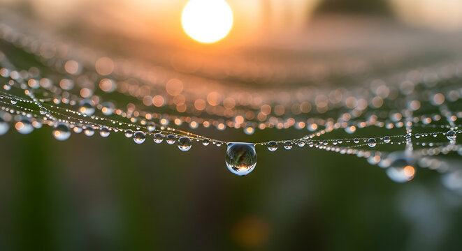 Macro shot of morning dew drops on spider web at sunrise with spiderweb