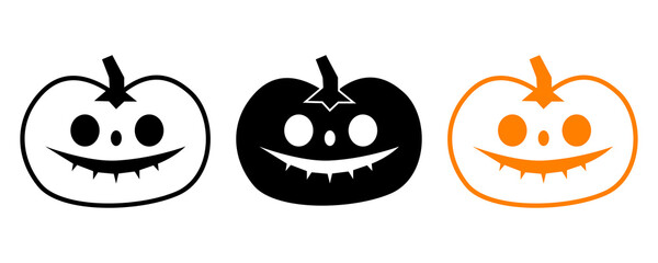 Three jack o' lantern halloween pumpkins with round eyes and smiling faces in outline isolated on transparent background.