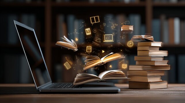 Open books floating above modern laptop screen with glowing digital study icons in library setting during a quiet evening session