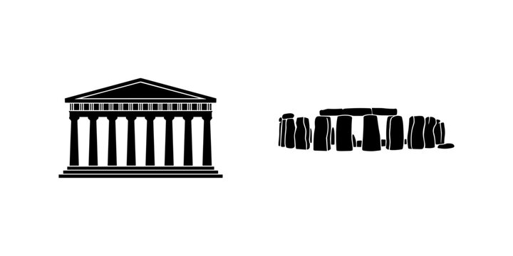 Ancient European Landmark Black Silhouette Collection Featuring Parthenon Temple and Stonehenge Historic Architecture Travel Tourism and Cultural Heritage