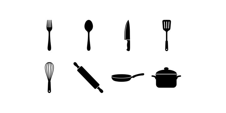 Kitchen Utensils and Cookware Black Silhouette Icon Set Featuring Fork Spoon Knife Whisk Rolling Pin Frying Pan and Pot