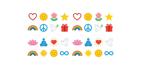 Fototapeta premium Black silhouette vector icons depicting mystical and magical symbols including pentagram, crescent moon, sun, crystal ball, potion, rune circle, rune stone, and flame