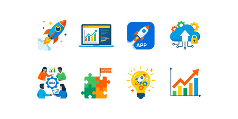 Fototapeta premium Colorful Startup and Business Innovation Icon Set Featuring Rocket Launch App Development Cloud Technology Teamwork Ideas Success and Growth