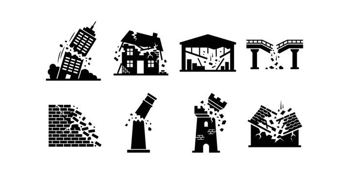 Black silhouette vector icons depicting structural damage including skyscraper cracks, collapsed house, broken bridge, crumbling tower, and leaning column