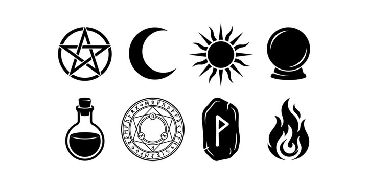 Black silhouette vector icons representing mysticism and occult symbols including pentagram, crescent moon, sun, crystal ball, potion, magical circle, rune stone, and flame