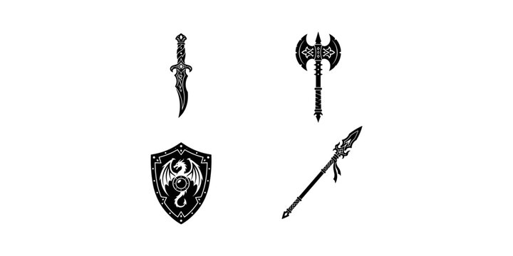 Black silhouette vector icons depicting fantasy weapons and armor including dagger, battle axe, dragon shield, and spear