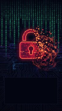 glowing red pixelated padlock breaking into particles against dark background with green binary code and circuit board lines. cyber security breach, system hacking concept. poster, copyspace.