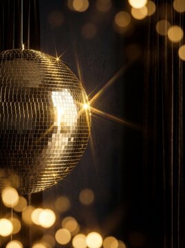 golden disco ball reflecting bright light against dark background with velvet curtain and bokeh. new year eve, night party celebration concept. glamour event backdrop, invitation with copyspace.