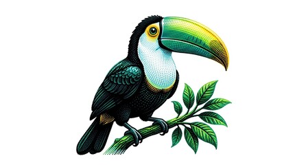 Colorful toucan bird perched on a green branch isolated on a clean white background © Tasfia