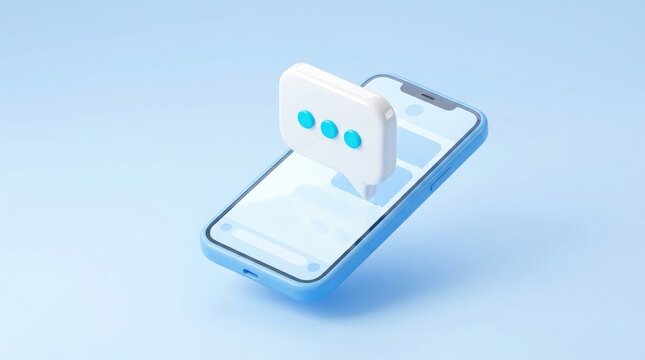 A3d rendered smartphone with a floating speech bubble featuring three dots on a soft light blue background, for digital communication concepts