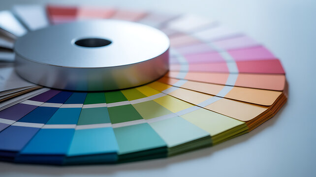 Circular color swatch fan with metallic silver center hub and a wide array of colorful paper 