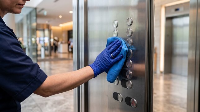 Professional cleaning service diligently sanitizing elevator buttons with a blue cloth and gloves, ensuring a hygienic environment for building occupants