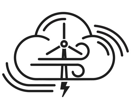 Wind turbine icon with cloud and lightning bolt. Renewable energy symbol for green power. Sustainable wind electricity concept.
