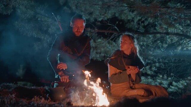 Two people gathered around small campfire in forest clearing at night, one leaning forward to tend flames while other sits nearby holding object; flickering fire, smoke, and moonlight create calm mood
