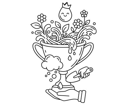 Minimalist line art trophy illustration, garden flowers growing in winner cup, hand holding award with gardening tools
