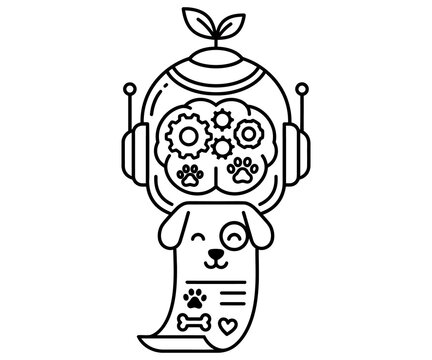 Minimalist robot dog icon, artificial intelligence pet care concept, futuristic line art of robotic puppy with gears and digital brain