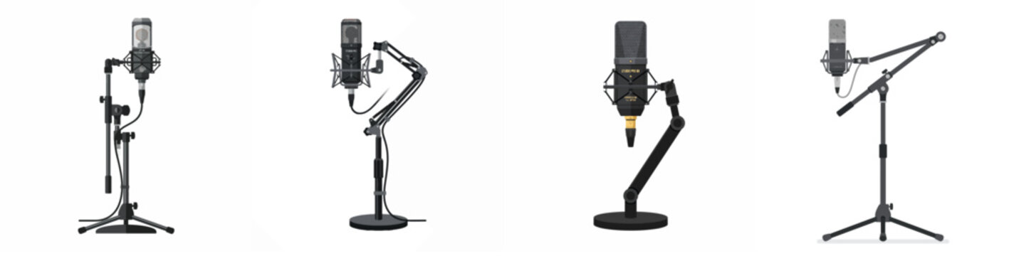 Set of professional recording studio microphones with stands isolated on white