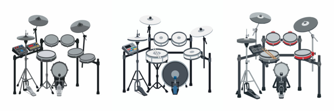 Set of three professional electronic drum kits isolated on white