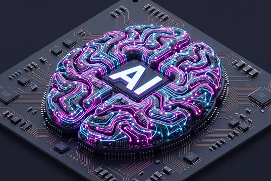 Isometric microchip with glowing neural network pathways and brain symbol