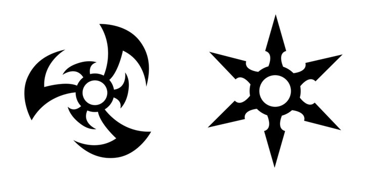 Set of Japanese ninja shuriken throwing star vector silhouettes isolated on background, martial arts weapon collection for warrior design