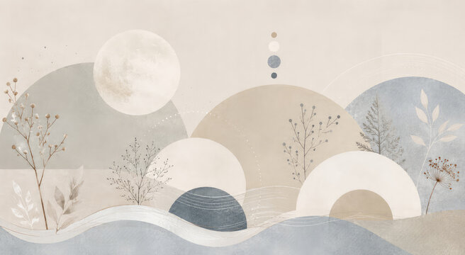 Neutral Boho Abstract Landscape with Botanical Elements and Moon