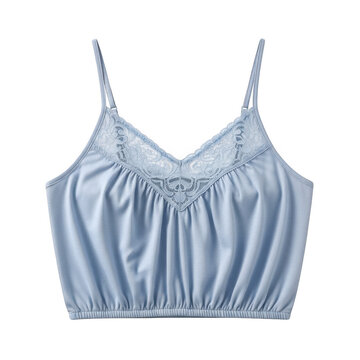 Light blue satin camisole top with lace trim isolated on transparent background