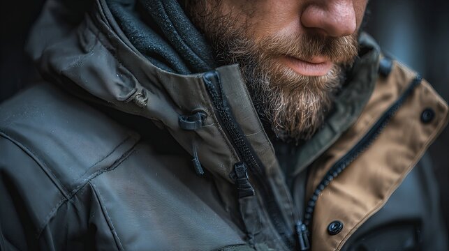 Bearded man wearing a warm olive green winter jacket with a detailed hood standing outdoors during a chilly overcast day