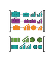 Obraz premium Abstract abacus illustration featuring business icons and financial growth charts for corporate strategy analysis.
