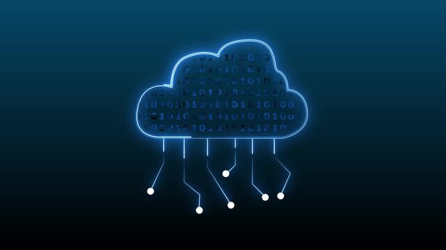 Glowing cloud computing icon displays binary code and active circuit lines. Network data security surrounds the cloud computing icon. Cyber tech storage uses the cloud computing icon.