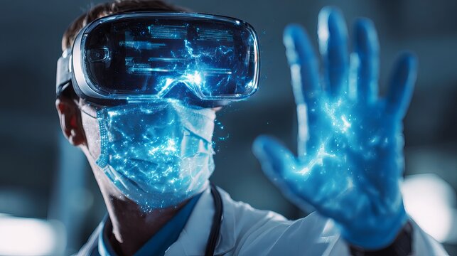 Doctor wearing virtual reality headset and surgical mask interacting with glowing holographic interface using blue digital data light effects display