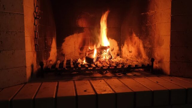 View of fire in home fireplace in complete darkness