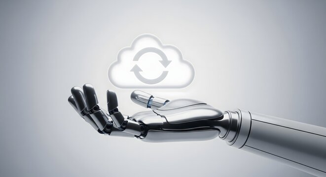 A robotic hand holding a digital cloud symbol with synchronization arrows against a clean background.