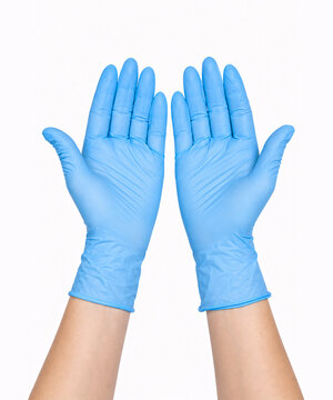 Pair of Hands Wearing Blue Nitrile Medical Gloves Isolated on White Background