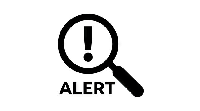 Alert icon with magnifying glass and exclamation mark.