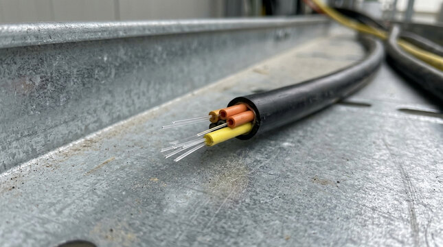 Severed fiber optic cable with broken glass core on tray