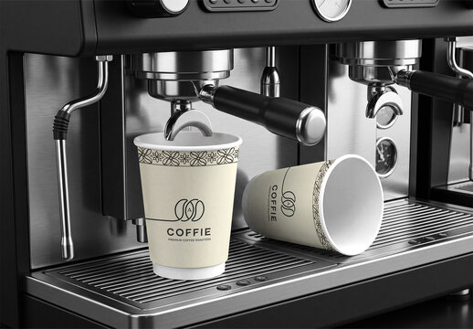 Coffee Cup on Espresso Machine Mockup