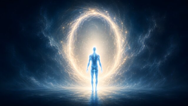 Spiritual Figure Entering a Radiant Portal of Light