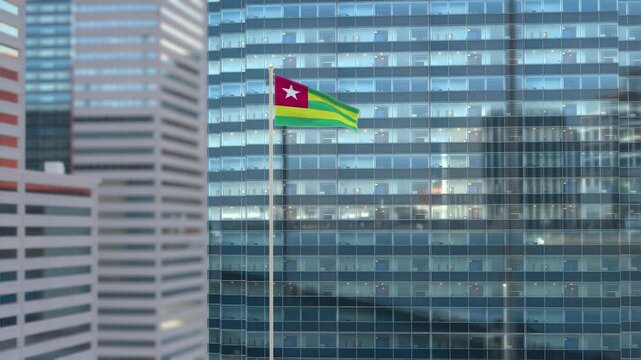 Togo Flag 3D Render Animation Waving Against Glass Office Building - Daylight Scene