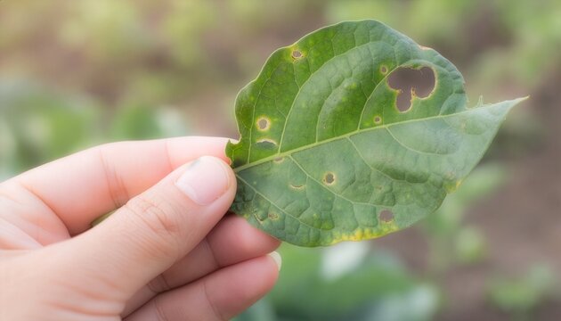Close-up of a hand gently holding a damaged plant leaf with visible bite marks and small holes.
