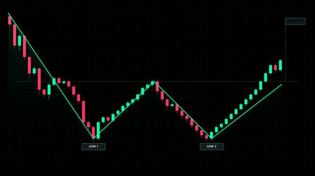 W Bottom bullish reversal chart pattern with double lows in technical analysis on a black background