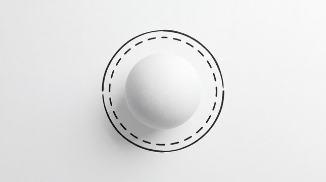 Monochrome white sphere placed inside a circular dashed outline frame