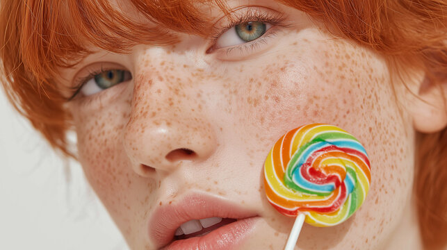 Close up portrait of attractive redheaded girl with freckles holding colorful spiral lollipop near cheek