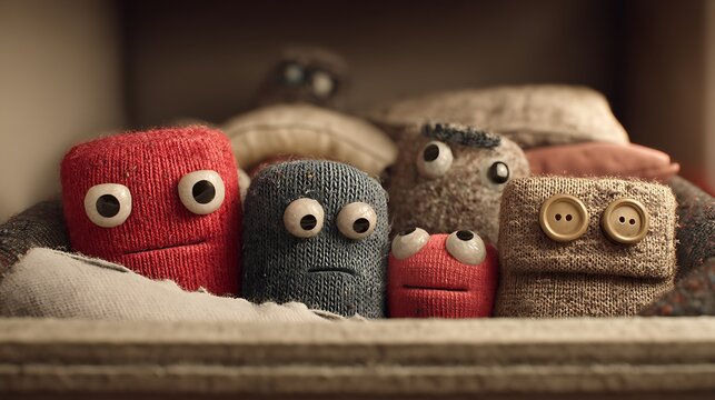 Group of Cute Handmade Sock Puppet Characters with Googly Eyes in Wooden Drawer