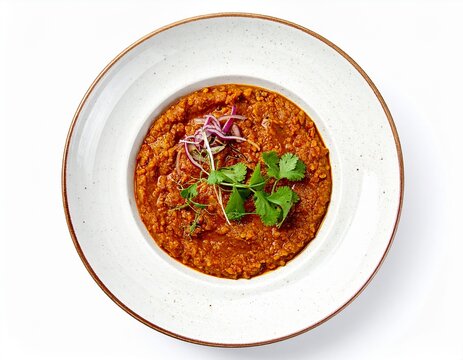 Vegan Tarka Dahl Topped with Red Onion and Cilantro in Ceramic Bowl