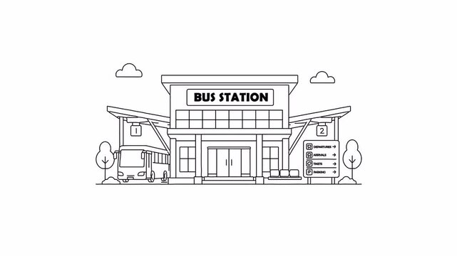 Bus station building with bus, platforms, and travel information line art animation