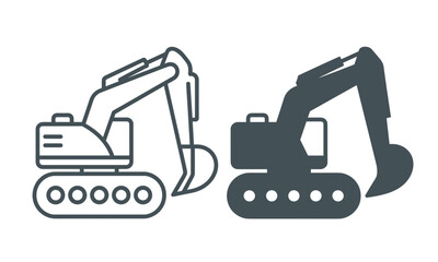 Naklejka premium Excavator icon set, construction machinery symbols, heavy equipment outline and solid silhouettes isolated vector