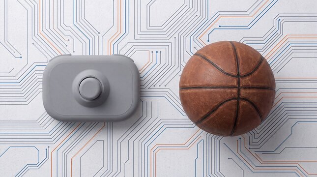 Basketball and miniature joystick on printed circuit board background