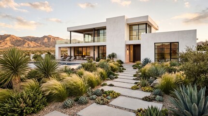 Fototapeta premium Beautiful modern residential real estate property with an exotic garden and contemporary architecture.