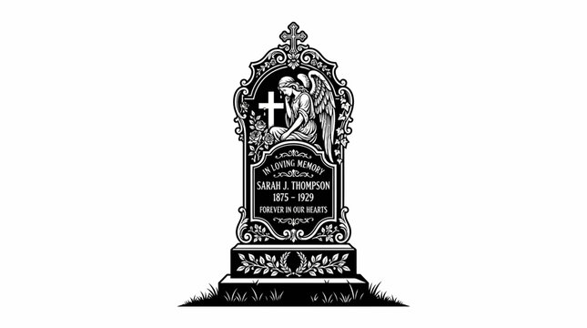 Halloween Vintage ornate headstone vector, gothic cemetery tombstone with angel and cross, black and white funeral monument illustration vector